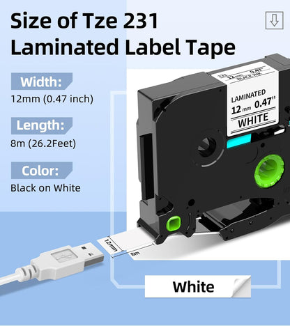 MarkDomain Label Maker Tape Refills Compatible with Brother P-Touch Label Tape 12mm 0.47 Laminated White TZe Tz TZe-231 TZ231 Ptouch PT-D210 PT-H110 PT-D220 PT-1880 1/2" Black Ink on White, 6 Pack