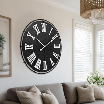30 Inch Large Wooden Wall Clock – Extra Large FarmhouseWall Clock with 3D Roman Numerals & Herringbone Splicing, Black Modern Wood Wall Clock for Living Room