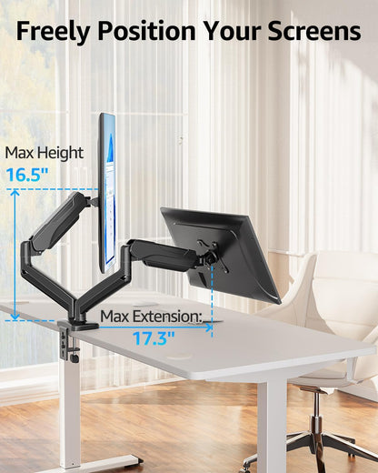 MOUNTUP Dual Monitor Stand for Desk, Pneumatic Monitor Arms for 2 Monitors Max 32 Inches, Height Adjustable Double Monitor Mount, VESA Mounts with C-Clamp & Grommet Base, Holds 4.4-17.6lbs, Black