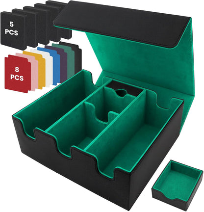Leather Magnetic Card Storage Box for Trading Cards, Holds 5 MTG Deck Boxes, with 13 Dividers & Dice Tray