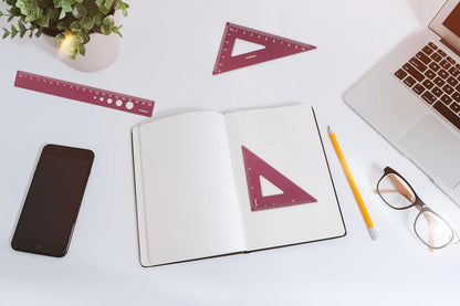 Metal Geometry Set, 5-Piece Aluminum Ruler, Math Drafting Ruler Kit Includes Protractor, Triangle Rulers, Straight Rulers-Math Measurement Tools for School and Office Supplies (Plum Red)