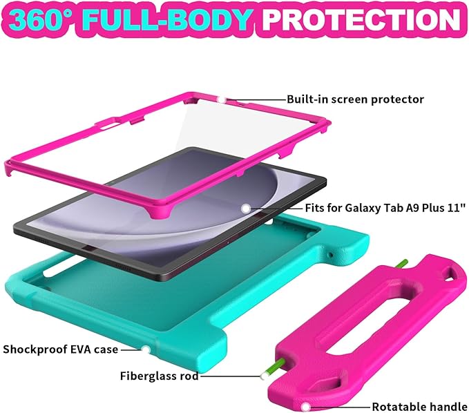 YIHE Kids Case for Samsung Galaxy Tab A11 Plus 2025 & A9 Plus 2023 11 Inch, Shockproof Handle Stand Cover with Built-in Screen Protector, Cyan&Pink