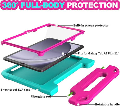 YIHE Kids Case for Samsung Galaxy Tab A11 Plus 2025 & A9 Plus 2023 11 Inch, Shockproof Handle Stand Cover with Built-in Screen Protector, Cyan&Pink