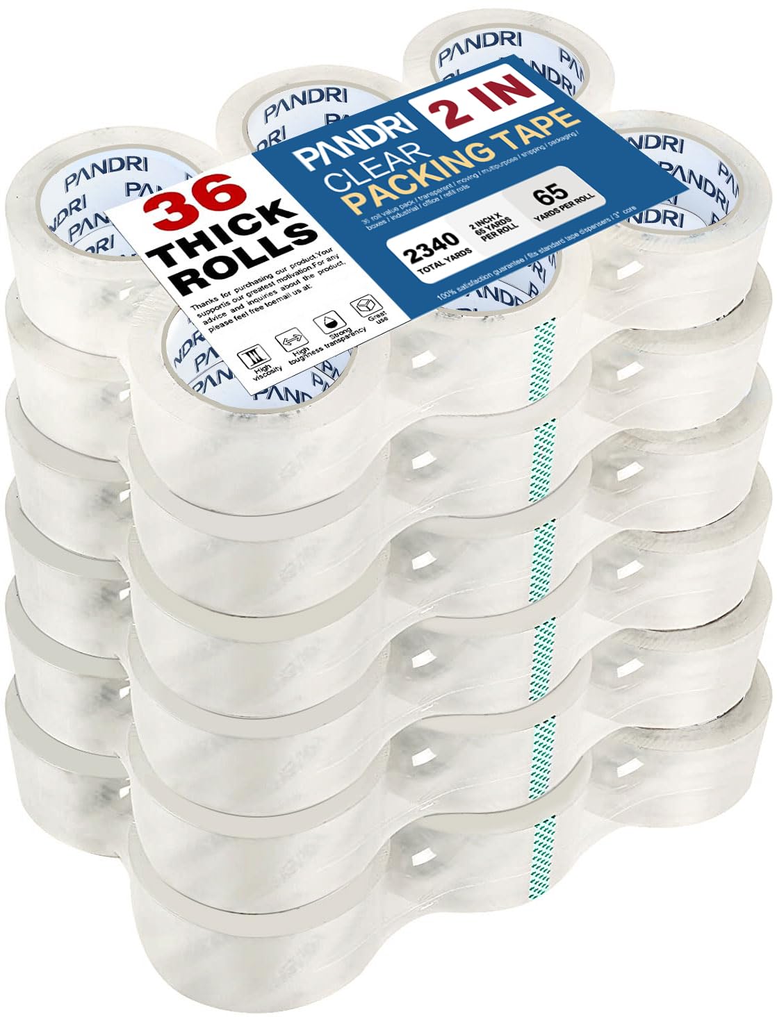 PANDRI Packing Tape, 36 Rolls Heavy Duty Clear Packaging Tape for Shipping Packaging Moving Sealing, 2 inches Wide, 65 Yards Per Roll, Total 2340 Yards