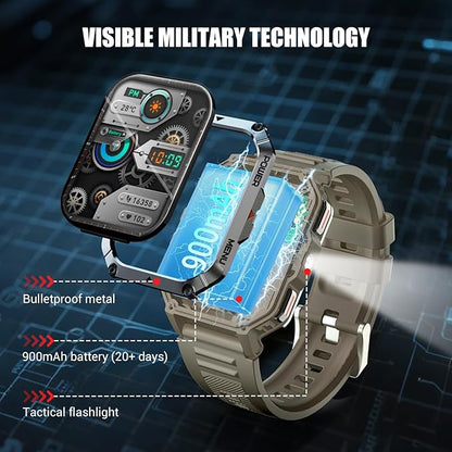 Military Smart Watch for Men (Answer/Make Calls), 2.01" Fitness Watch Tracker with 100-Day Battery/Flashlight/Compass/Heart Rate/120+ Sports Modes/IP68 Waterproof Smartwatch for iOS Android(2 Straps)