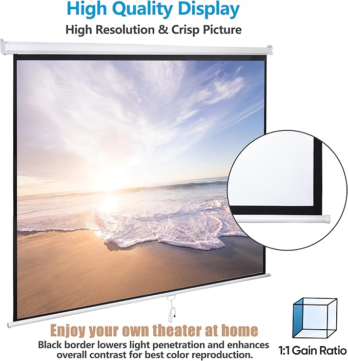 SUPER DEAL 120'' Projector Screen, Retractable Projection Screen Manual Pull Down HD Screen 1:1 Format for Home Cinema Theater Presentation Education Outdoor Indoor Public Display
