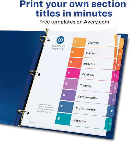 Avery Dividers for 3 Ring Binders, 8 Tabs per Set, Customizable Table of Contents, Multicolor Tabs, Great for Organizing Reports, Projects, and More (3 Sets of 11071)