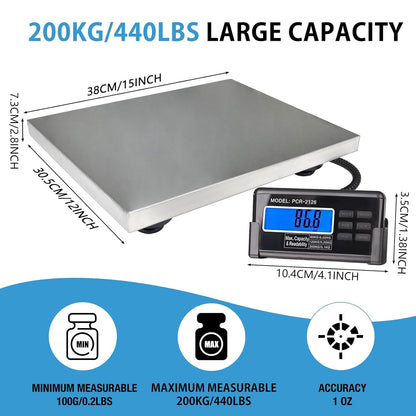 Large 440lbs Shipping Scale, 15"X 12" Platform Heavy Duty Stainless Steel Platform for Postal Industrial Floor Business Office Home Warehouse Package Luggage
