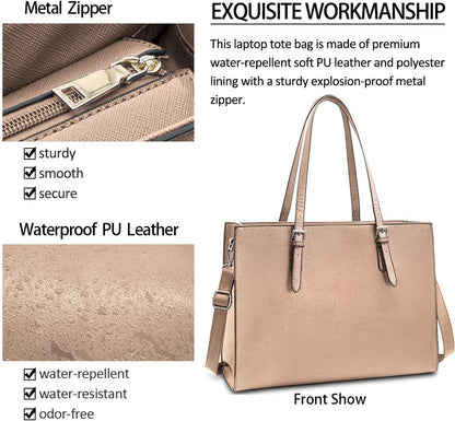 Laptop Bag for Women Waterproof Lightweight Leather 15.6 Inch Computer Tote Bag Business Office Briefcase Large Capacity Handbag Shoulder Bag Professional Office Work Bag Khaki