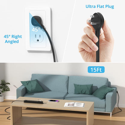 TROND Surge Protector Power Strip with USB, Ultra Thin Flat Plug 15ft Long Extension Cord 1625W, 3 USB A & 1 Type C, 4 AC Outlets 1440J Surge Protection Wall Mount for Home Office Dorm Room, Black