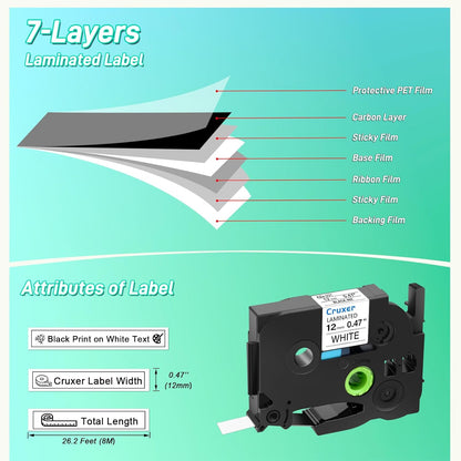 Cruxer 10 Pack Replacement for P-Touch TZe-231 TZe231 TZ231 12mm 0.47" Black on White Laminated Label Tape Compatible for Ptouch PT-D200 PT-D210 PT-D400 PT-H100 PT-1230PC Label Makers
