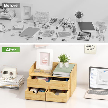 Bamboo Desk Organizer with Drawers Desktop Storage Drawers for Bills Office Supplies Kitchen Utensils Organizing Tool for Home Classroom Organization No Assembly (Nature 3 Drawers)