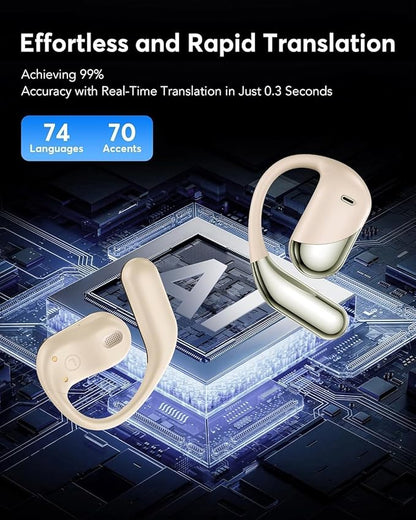 AI Translation Earbuds Real Time - Audifonos Traductores Inglés Español, 3-in-1 Translator Device, Supports 144 Languages & Accents, Open Ear Earbuds with Charging Case，Beige Khaki