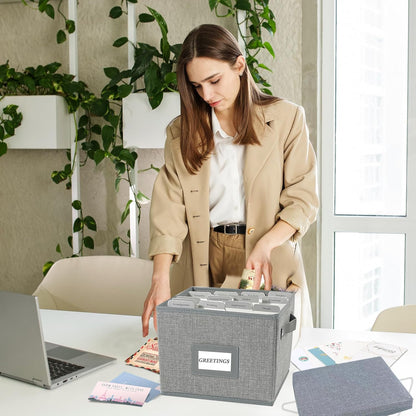 Greeting Card Organizer Box with 16 Dividers,Collapsible Greeting Card Storage Box with Handles Hold 150+ Cards,Greeting Card Holder for Greeting Cards,Sticker, Recipes, Photo, Envelope (Gray, 1 pcs)