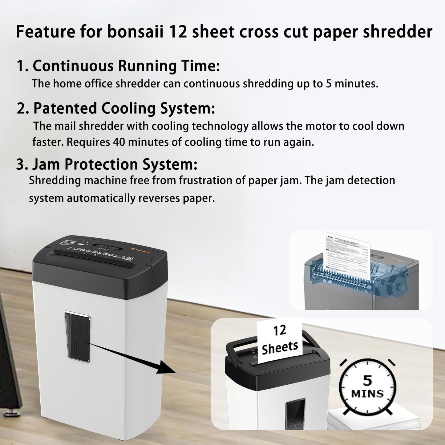 Bonsaii Heavy-Duty Shredder, Up to 12 Sheets, P-4 high Security, Credit Cards, Mail, & Staples, 5.5-Gallon bin with a Transparent Window, Suitable for Heavy-Duty use in Home Offices, White & Black
