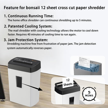Bonsaii Heavy-Duty Shredder, Up to 12 Sheets, P-4 high Security, Credit Cards, Mail, & Staples, 5.5-Gallon bin with a Transparent Window, Suitable for Heavy-Duty use in Home Offices, White & Black