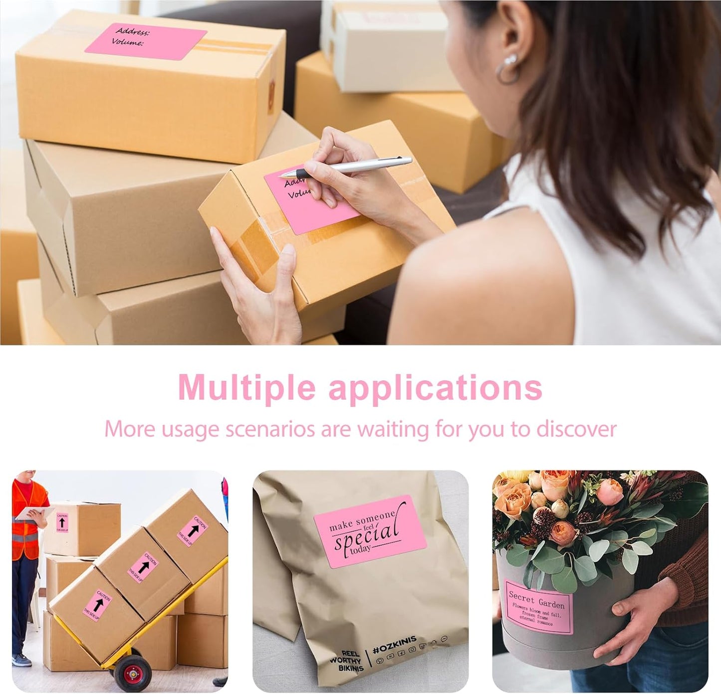 3 X 5 Inch Printable Waterproof Rectangle Color Coding Labels, 300 Per Roll Adhesive Color Coding Stickers for Bar-Codes, Address, Small Business Labeling, Inventory (Pink)