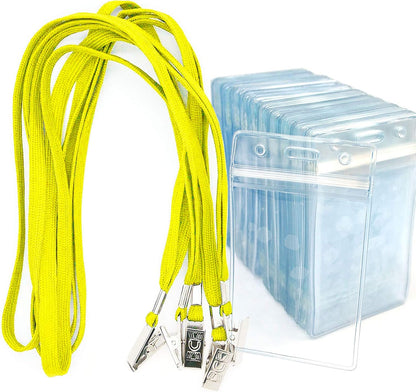 Bird Fiy Lanyards with Id Holder Badges Name Tags 50 Pack Lanyards with Bulldog Clip and 50 Pack Waterproof Clear Plastic Vertical Name Tag Badge ID Card Holders (Yellow)