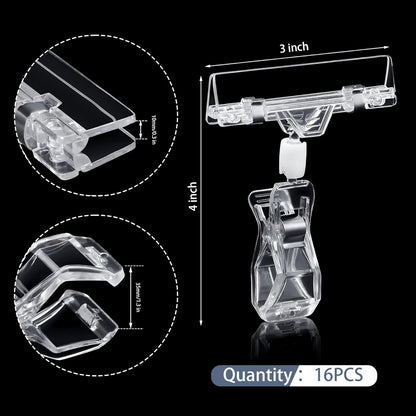 Mlici 16 Pieces Clear Sign Clips, Plastic Merchandise Rotatable Pop Clip Sign Holder Stand, Swivel Clips Clothing Rack Signs, Double Display Clips for Retail, Baskets, Cards