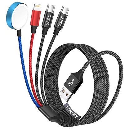 Dual Type-C 4 in 1 Charging Cable for Apple iWatch Charger, Travel Essentials Multi Charging Cable iPhone Charger Cord Compatible with iWatch Ultra/SE/10-1, iPhone17 16 15 14, Android-1Pc 5FT
