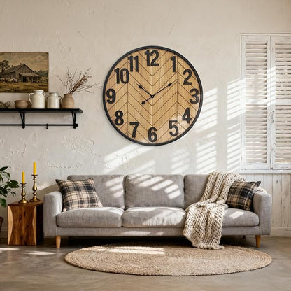 30 Inch Large Wall Clock, Oversized Wooden Farmhouse Wall Clock with Black Metal Frame, Battery Operated Non-Ticking Silent Wall Clocks for Living Room, Kitchen, Bedroom Decor (Brown)
