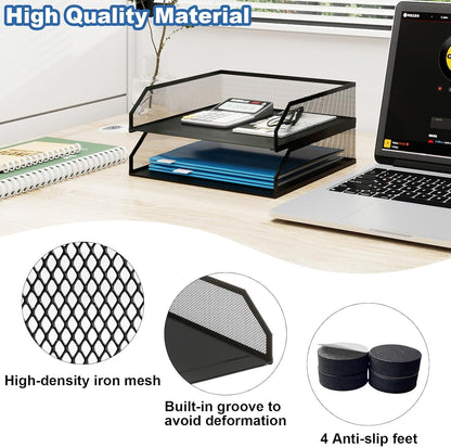 Natwind 2-Tier Stackable Paper Tray, Metal Mesh Desktop Organizer, A4 Desk Organizer, Stackable Letter Trays,File Folder Sorter Organizer with Sliding Tray for Home, Office, School (Black)