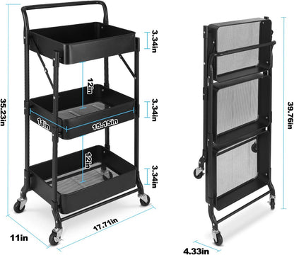 Foldable 3 Tier Metal Utility Rolling Cart, Folding Mobile Multi-Function Storage Trolley Organizer Cart for Home Library Office(Black)