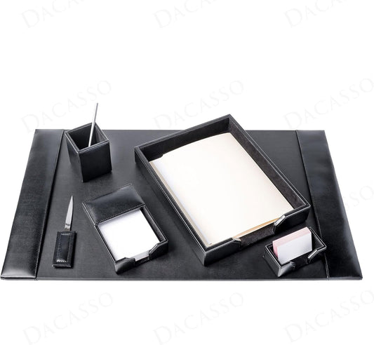 Dacasso 6 Piece Black Bonded Leather Luxury Desk Accessory Set - Desk Pad & Organization Essentials