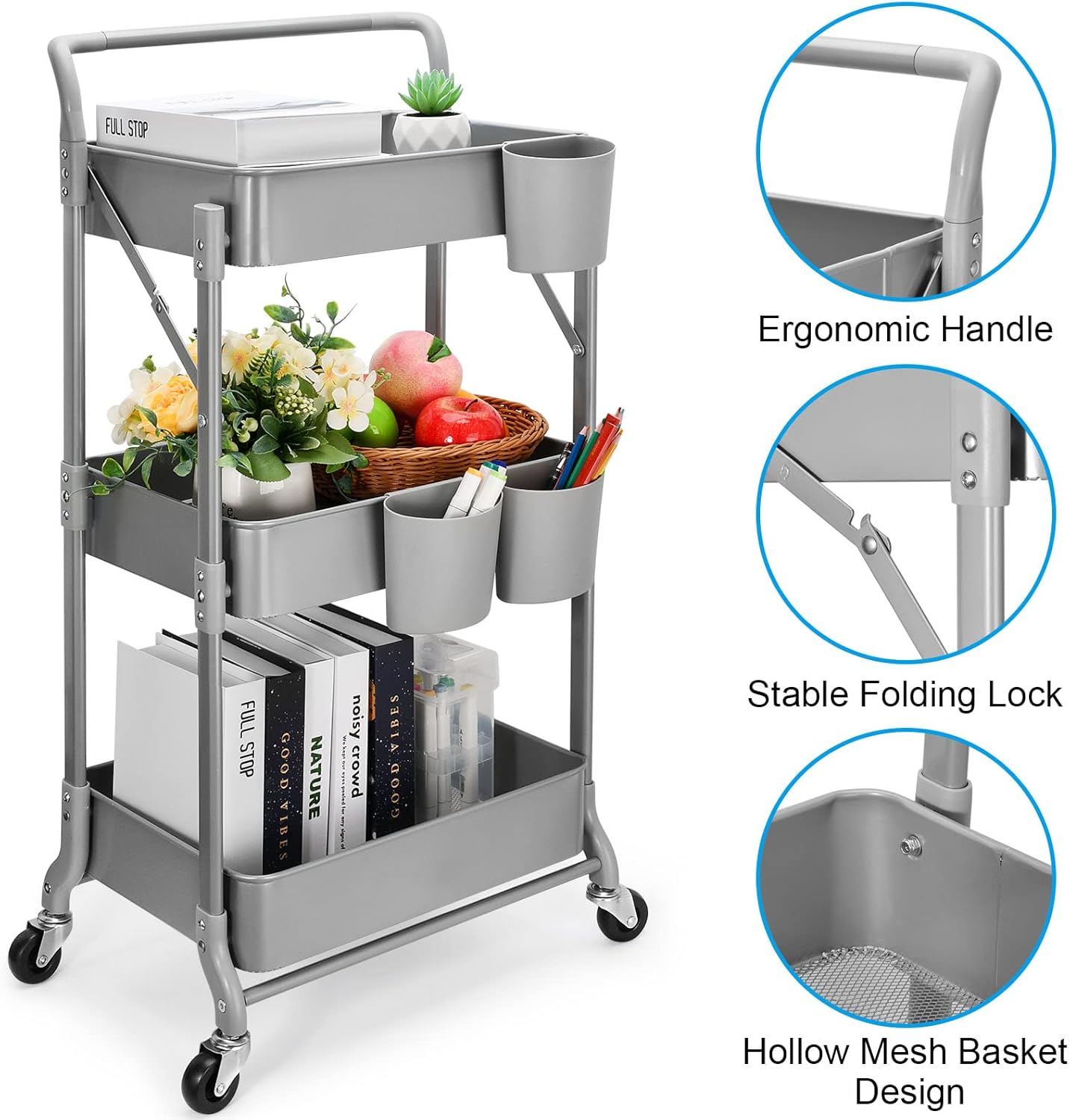 Foldable 3 Tier Metal Utility Rolling Cart, Folding Mobile Multi-Function Storage Trolley Organizer Cart for Home Library Office(Grey)