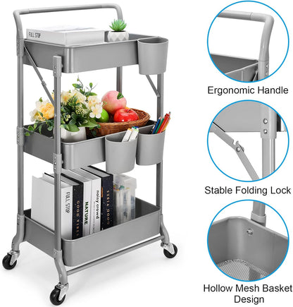 Foldable 3 Tier Metal Utility Rolling Cart, Folding Mobile Multi-Function Storage Trolley Organizer Cart for Home Library Office(Grey)
