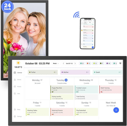 24" Smart Digital Calendar for-Family-Meal-Planner - Electronic Calendars for Chore Chart, Interactive Touchscreen Display for Family Schedules, Auto-Sync Google iCloud Outlook, Wall Mountable for Mom