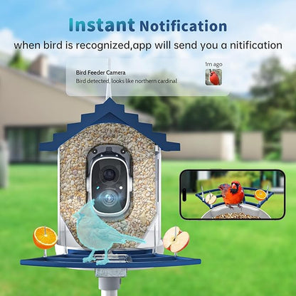 Smart Bird Feeder with Camera Solar Powered & AI Bi rd Identification, 2.4Ghz WiFi Bird feeders for Outdoors, 2K Live Video, Nstant Arrival Alerts - Gifts for Women