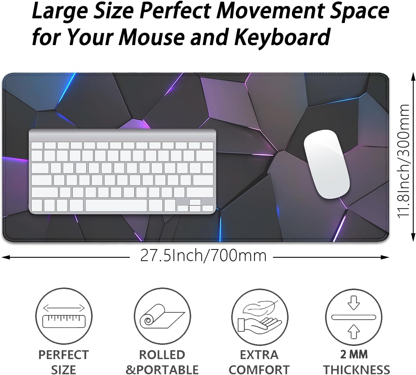 Cool Polygons Desk Pad Mouse Pad,Large XL Technology Mouse Mat with Stitched Edges,Non-Slip Rubber Base Mousepad for Office PC Keyboard Laptop and Home Work Desk Mat(27.5X11.8 in)