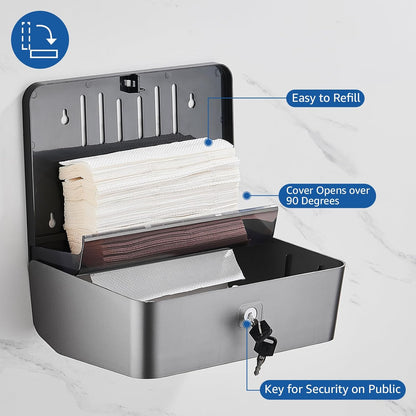 Paper Towel Dispenser Wall Mounted, Multifold Hand Towel Dispenser for Kitchen Bathroom Home Business, Trifold/C Fold/Z Fold Paper Towel Holder with Lock, Universal Paper, Black