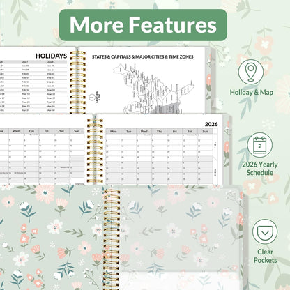 SUNEE 2026 Weekly and Monthly Planner - from January 2026 - December 2026, 8.5"x11" Daily Agenda Planner with Monthly Tab, Flexible Cover, Note Pages, Pockets, Bookmark, Green Wildflowers