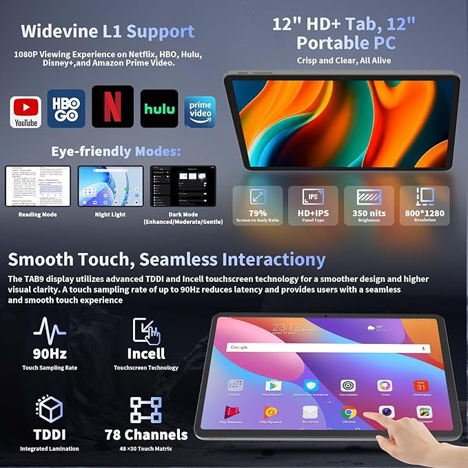 2026 12 Inch Tablet, Android 15 Tablets with Keyboard, 24GB+256GB+2TB Expand, 2K Display, Tablet PC with 5G WiFi, Octa-Core, 8000mAh, BT5.0, GMS, GPS, 2 in 1 Tablets with Case, Mouse, Stylus(Black)