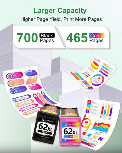 62XL Ink Cartridges Black and Color Remanufactured Replacement for HP Ink 62 HP62XL Combo Pack Compatible with Envy 7640 5660 5540 7645 5740 5746 OfficeJet 250 200 Mobile Printer, 2-Pack