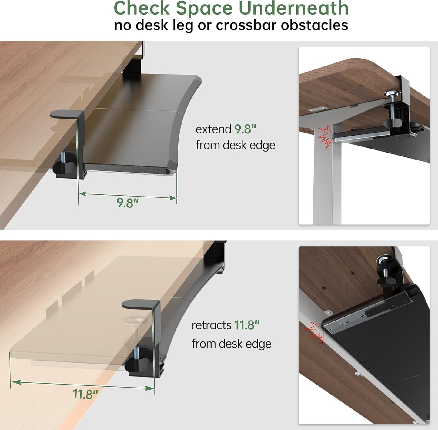 Extra Large Keyboard Tray Under Desk - Slide Out with Sturdy C-Clip Mount System, 31.5" (35.8" Including Clamps) x 11.8" Put-Out Keyboard Tray Computer Drawer for Ergonomic Typing, Black