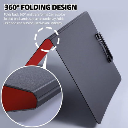 Clipboard Folder, 2 Pcs A4 Foldable Clipboard with Horizontal and Vertical Double Metal Clips, 360 Degree Foldable Binder Clipboards with Pen Holder, File Cover Work Folder Clipboards, Red