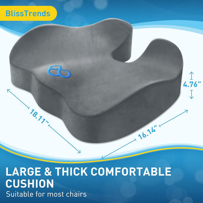 BlissTrends Seat Cushion,Thick Memory Foam Cushions for Office Chair, Car Seat, Airplane, Relieving Pressure Tailbone Sciatica Back Pain for Office Workers, Car Drivers 4.7in Thick LightGrey