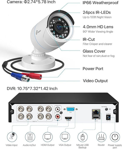 Loocam Security Camera System 1080p, AI Human Vehicle Detection, 8 Channel 4 Cams H.265+ DVR with 1TB HDD Wired Surveillance Camera, Night Vision, Remote Access, App Email Alert, IP66 Indoor Outdoor