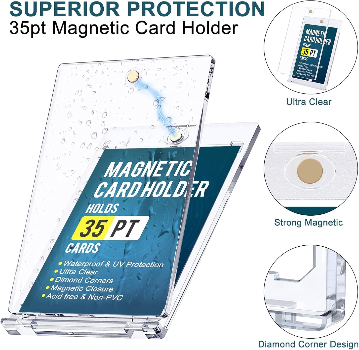 GEAoffice 100pc Magnetic Card Holder for Trading Cards, Hard Plastic 35pt UV Protection Baseball Card Holder with Display Stands for MTG, Sports Cards, Ultra Clear