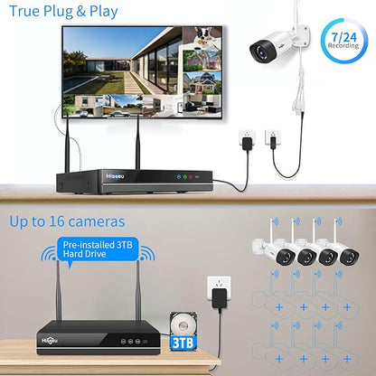 Hiseeu 3MP Wireless Security Camera System with 12 Outdoor Cameras, 16CH WiFi NVR, Color Night Vision, Spotlight & Siren, 2-Way Audio, 3TB Hard Drive, 24/7 Recording, Home Surveillance Kit