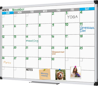 XBoard Magnetic Calendar Whiteboard 48" x 36" - Monthly Calendar Dry Erase Board, White Board + Colorful Calendar Board, Silver Aluminium Framed Monthly Planning Board