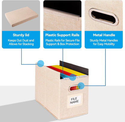 2 Pack Hanging File Folders Organizer with Lid, Letter Size Fabric File Storage Box Collapsible, Portable Office Document Holder with Metal Handle, Smooth PVC Rails, Beige