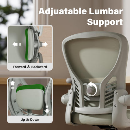 GYI Computer Desk Chair, Ergonomic Office Desk Chairs with Mesh Back, Adjustable Lumbar Support, Height, 3D Flip-up Arms, Wheels, Rocking Function, Grey