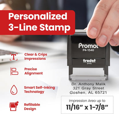 Promot Self Inking Stamp - Small Custom Stamp for Name, Address, Office, or Business Use - Up to 3-Line Personalized Rubber Stamp - Customizable Font & Ink Color - Personalized Name Stamp