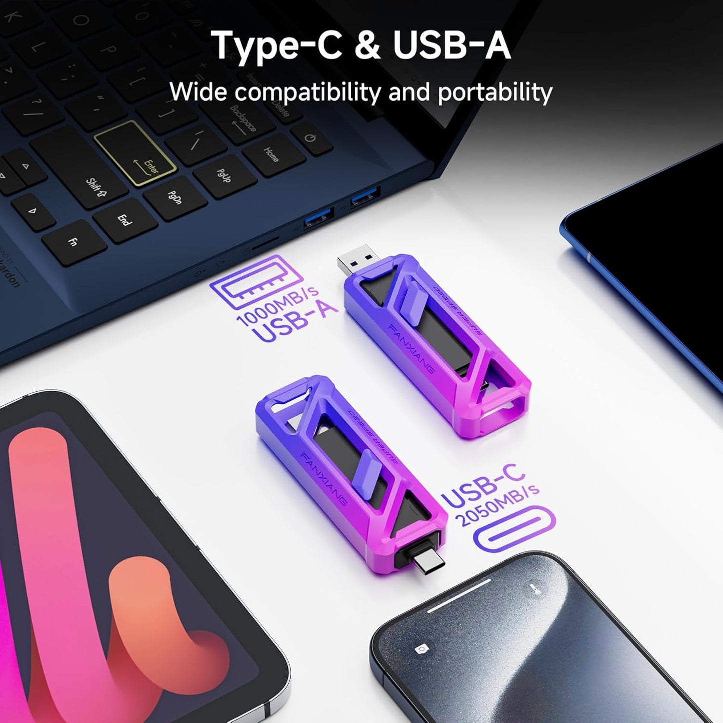 256GB Flash Drive, Up to 2050MB/s USB 3.2 Gen22, USB A+C, 2-in-1 Memory Stick for iPhone/Android/Windows/MacPC/Laptops, FF958