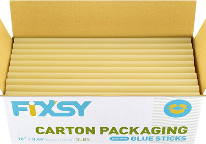 FIXSY Hot Glue Gun Sticks Carton Packaging, Full Size 10" Long x .44" Diameter 7/16 11mm, 5LB Box Glue Stick, Approx. 90 Sticks- Compatible with Most Glue Gun- Best for Carton Manual Packing