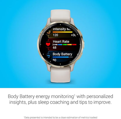 Garmin Venu 3S Running GPS Smartwatch with AMOLED Display, Advanced Health, Fitness Features, Up to 14 Day Battery Life with Signature Power Bundle | Soft Gold with Ivory Silicone Band